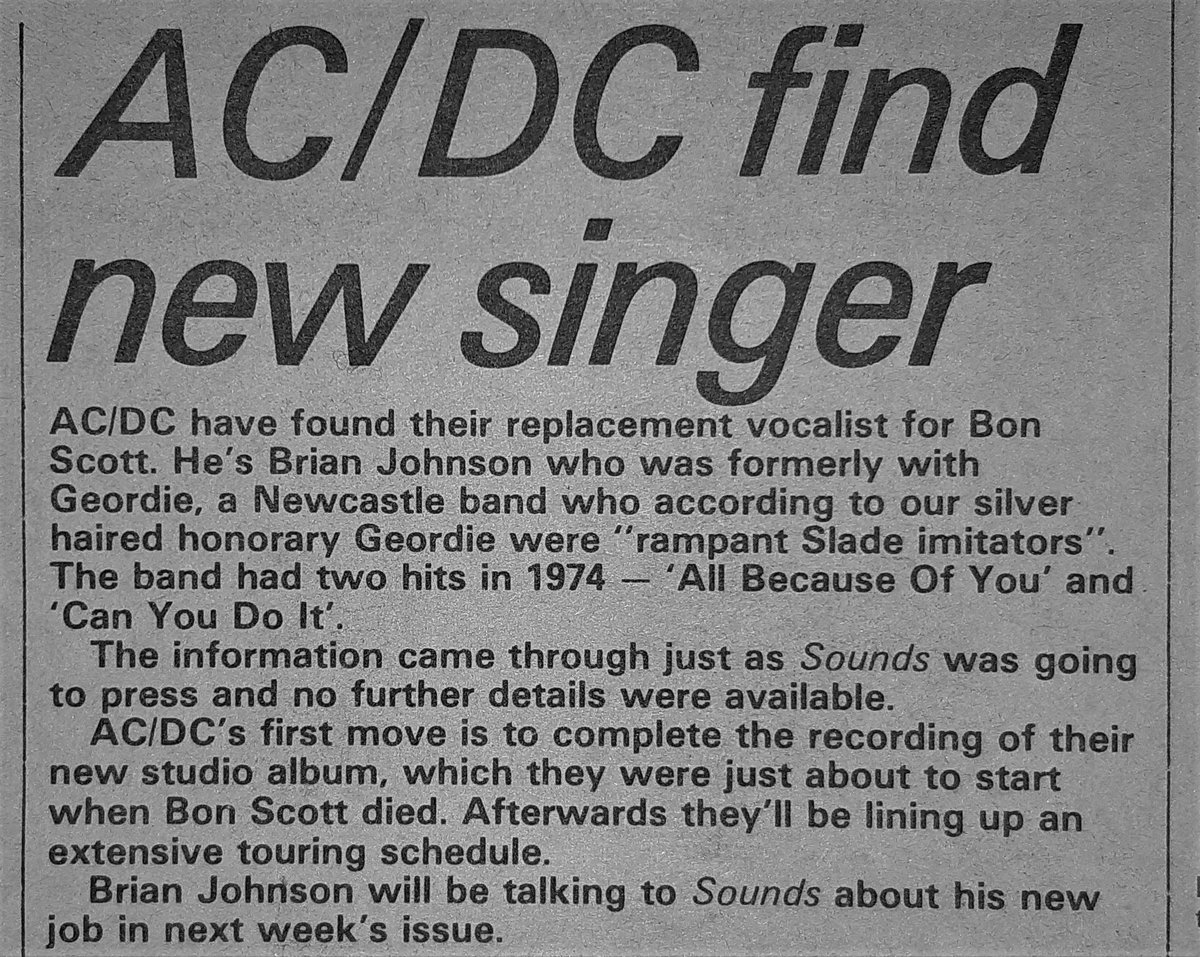 News of AC/DC's new singer Brian Johnson in Sounds 12th, April 1980. @acdc @BrianJohnson