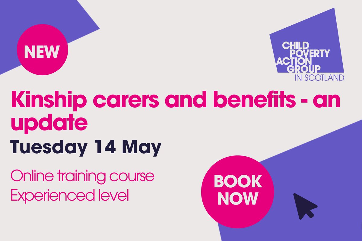 Make sure you're up to date with how recent benefit changes & current issues impact on kinship carers. This course provides an opportunity to think about some of the more tricky issues & will update advisers on new developments cpag.org.uk/training-and-e…… #KinshipCareWeek