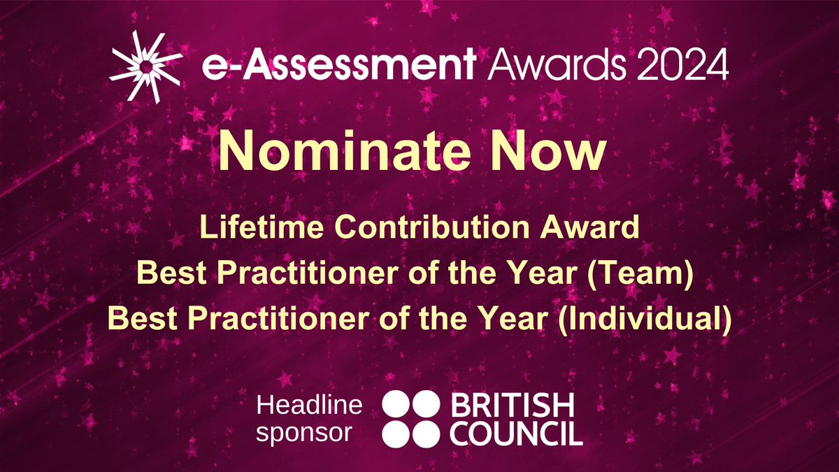 There's still time to nominate your e-Assessment heroes for 3 Awards in this year's International e-Assessment Awards: Lifetime Contribution Award, Best Practitioner, Team and Individual awards. Find out more and nominate here👇 conference2024.e-assessment.com/2024/en/page/h… #eAAwards #eAssessment