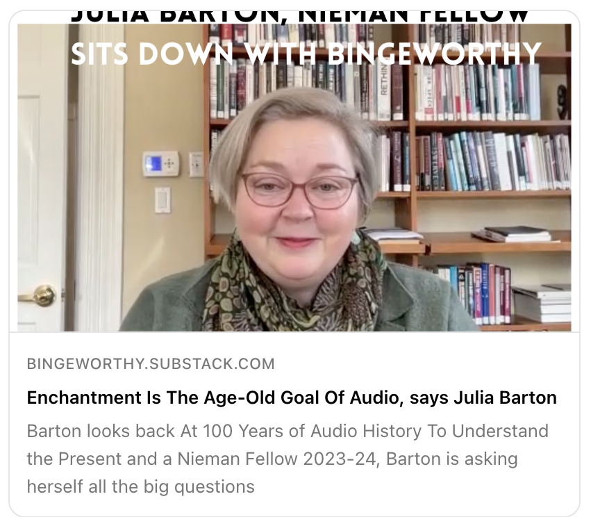 Enchantment Is The Age-Old Goal Of Audio, says @bartona104 , @NiemanLab fellow 2023-24 Dig in here for 💯 years of radio history...and watch all those threads together for a fascinating convo...and why everything old is still new here. post 👇 open.substack.com/pub/bingeworth…