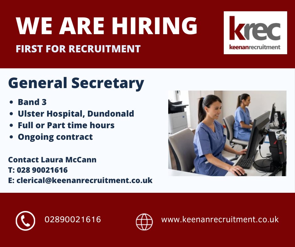 ⭐️ General Secretary - Dundonald ⭐️

Laura is recruiting for a Band 3 General Secretary for an immediate start. 

📲 Contact Laura McCann for a full job description and chat T:02890021616 or clerical@keenanrecruitment.co.uk

#nhsjobs #adminjobs #clericaljobs #belfastjobs