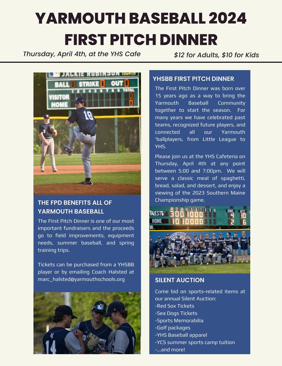 <a href="/YHSClippers/">Yarmouth Athletics</a> <a href="/YarmouthHS/">Yarmouth High School</a>   Yarmouth Baseball Annual First Pitch Dinner , come help support Yarmouth Baseball, get a great meal, and possibly take home some cool stuff, plus its fun to see the boys in hair nets