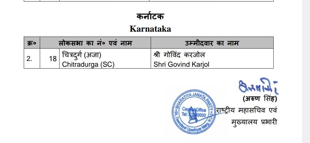 BJP replaces union minister A Narayanaswamy in Chitradurga with Govind Karjol, a BS Yediyurappa loyalist.