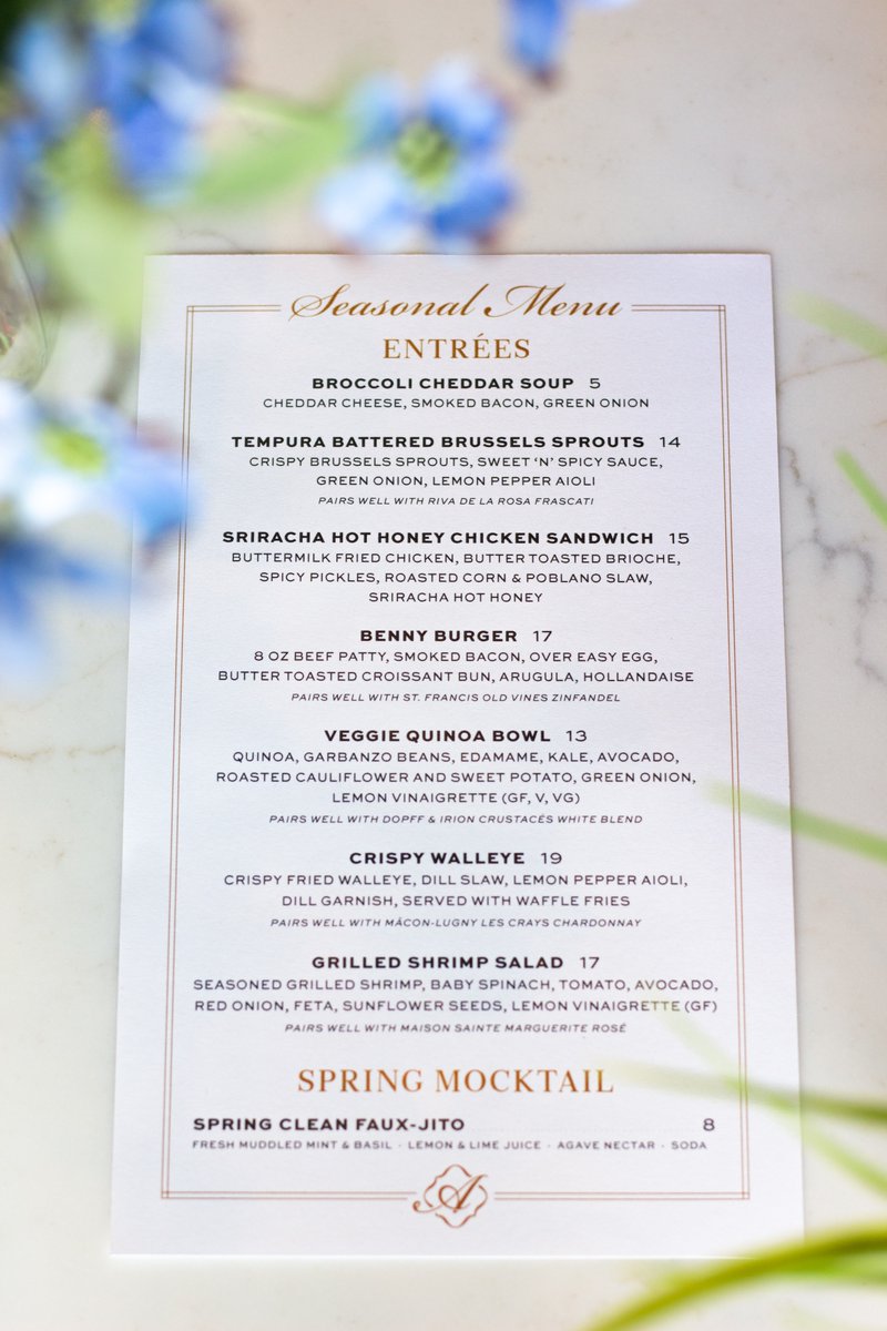 antilogycg's tweet photo. Introducing our first ever Spring Menu! 7 NEW evening entrées are here for the spring season.

· Broccoli Cheddar Soup
· Tempura Battered Brussels Sprouts
· Sriracha Hot Honey Chicken Sandwich
· Benny Burger
· Veggie Quinoa Bowl
· Crispy Walleye
· Grilled Shrimp Salad https://t.co/fxlDxCiZ5U