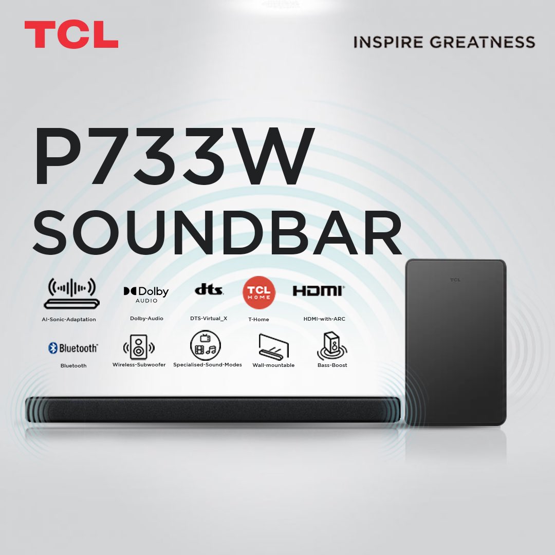 ghana_tcl's tweet image. Experience crystal-clear sound and booming bass with the TCL P733W Soundbar, featuring a wireless subwoofer, wall-mountable design, Dolby Audio, and more. 

#officialtclghana #P733W #TCLSoundBar