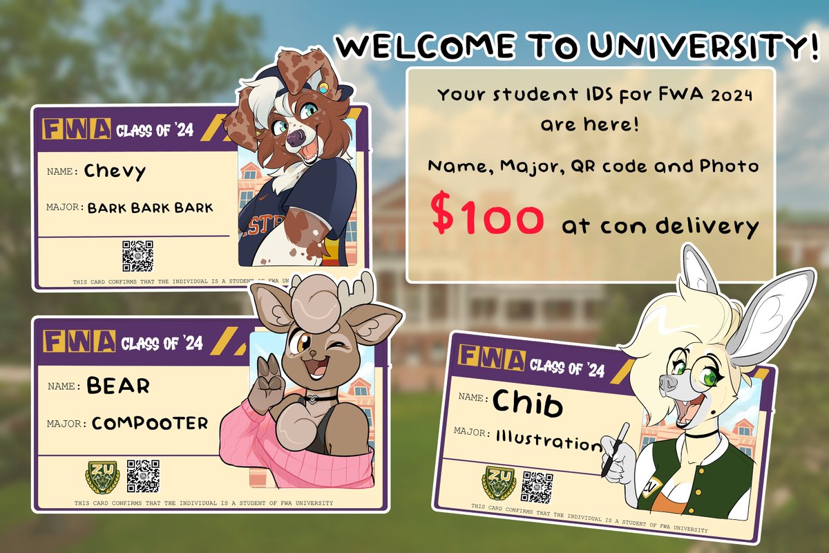 🎒🏫 FWA Student ID badges 0PEN! 🏫🎒 Will have these open all April. Features character coming out of the ID photo with custom QR code and any outfit! Fill out the f0rm below ⬇️ RT's appreciated!