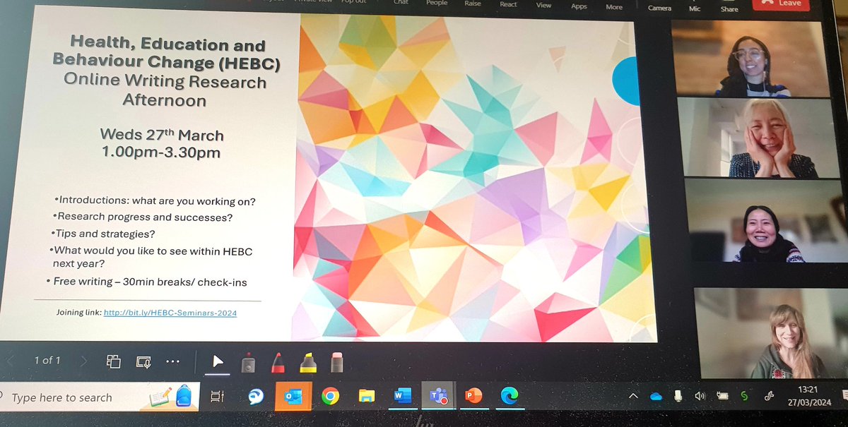 Dr. Kimberley Hill (@kimberleym_hill) on Twitter photo Our #HEBC Online Writing Research Afternoon is underway!
Our members are carving out time in a busy term to work on bids/ applications/ papers etc while feeding back on what HEBC support they would like to see over the next AY
<a href="/UONPsyched/">PSYCHOLOGY at University of Northampton</a> <a href="/remaunder/">Dr Rachel Maunder</a>
#research #support #writing Our #HEBC Online Writing Research Afternoon is underway!
Our members are carving out time in a busy term to work on bids/ applications/ papers etc while feeding back on what HEBC support they would like to see over the next AY
<a href="/UONPsyched/">PSYCHOLOGY at University of Northampton</a> <a href="/remaunder/">Dr Rachel Maunder</a>
#research #support #writing