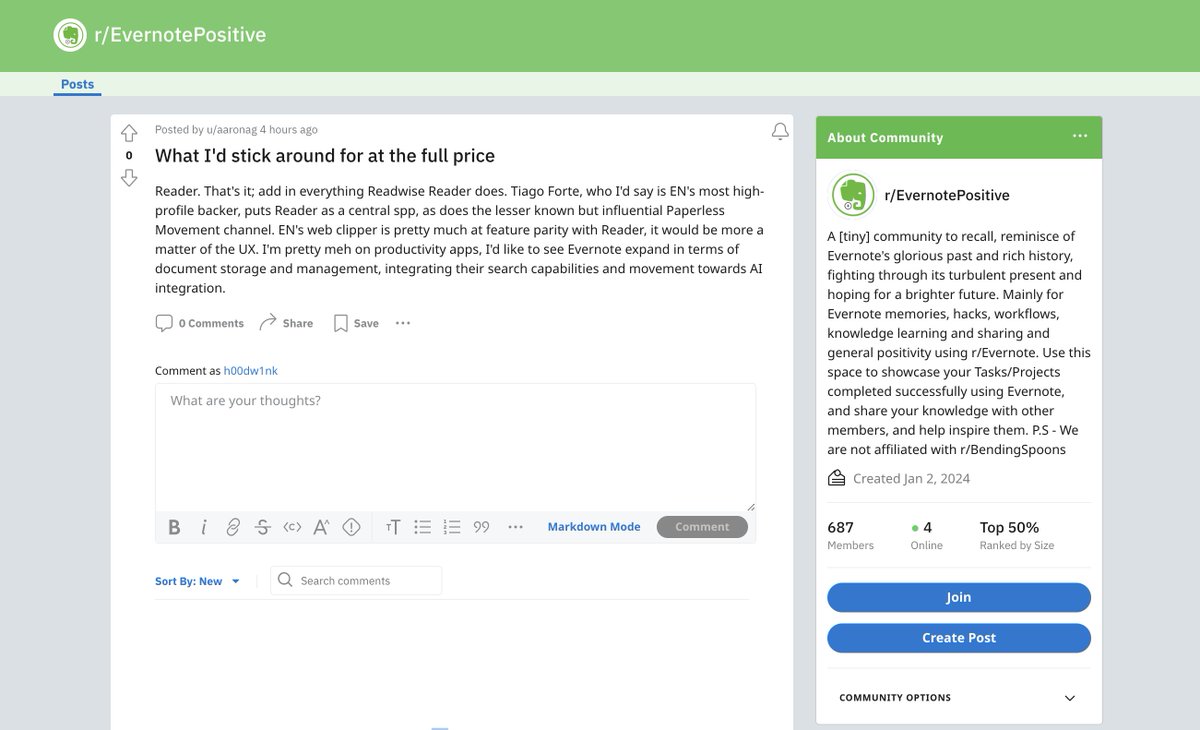 redditor will pay for evernote if and only if evernote reaches feature parity with @ReadwiseReader