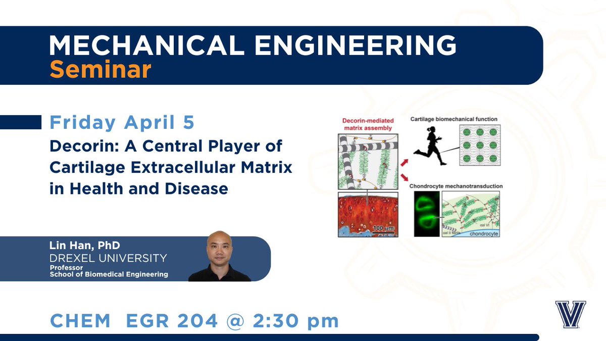 Villanova ME (@villanovame) on Twitter photo Please join Dean Marcolongo next Friday, April 5 for "Decorin: A Central Player of Cartilage Extracellular Matrix in Health and Disease" presented by Lin Han, PhD, <a href="/drexelbiomed/">Drexel School of Biomedical Engineering</a>. Come to CHEM EGR 204 at 2:30 pm. Please join Dean Marcolongo next Friday, April 5 for "Decorin: A Central Player of Cartilage Extracellular Matrix in Health and Disease" presented by Lin Han, PhD, <a href="/drexelbiomed/">Drexel School of Biomedical Engineering</a>. Come to CHEM EGR 204 at 2:30 pm.