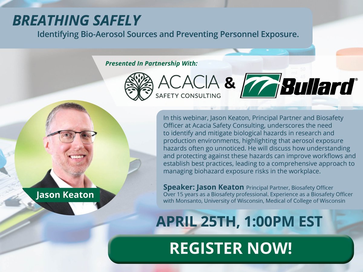 Learn all about identifying and mitigating biological hazards, particularly aerosol exposures, in research and production environments in our upcoming webinar with Jason Keaton of Acacia Safety Consulting! Register here: bullard.zoom.us/webinar/regist…