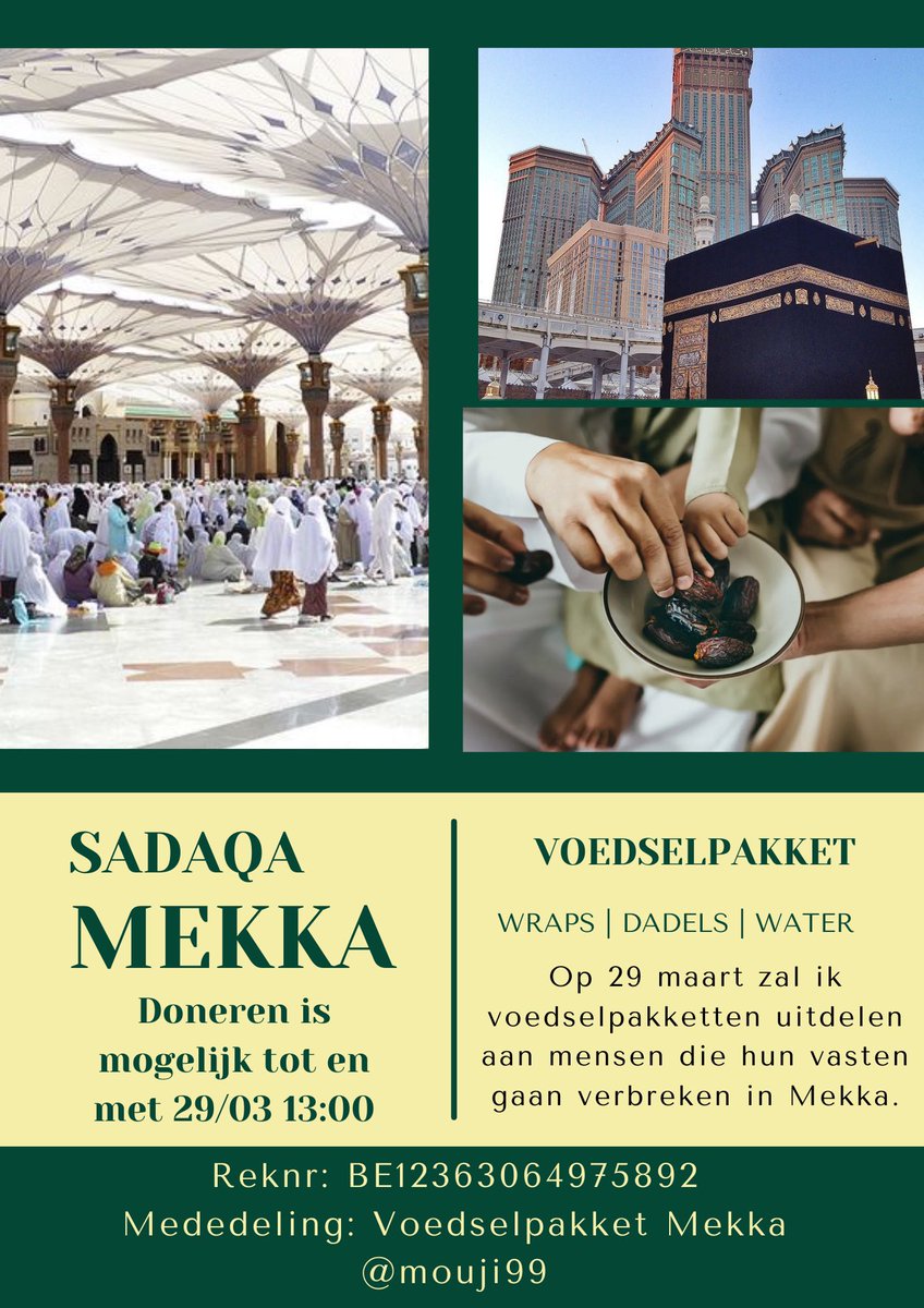 Voor de mensen die sadaka willen doen voor de armen in Mekka
De sadaka word door mij persoonlijk gedaan !

Delen word gewaardeerd