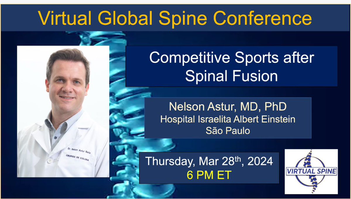 Whether you're a patient, practitioner, or sports enthusiast, this talk is necessary. Join us tomorrow at 6 PM ET for a special session with Dr. Nelson Astur, where we'll dive into'Competitive Sports after Spinal Fusion. 🏋️‍♂️🚴‍♀️ zoom.us/meeting/regist… #neurotwitter #orthotwitter