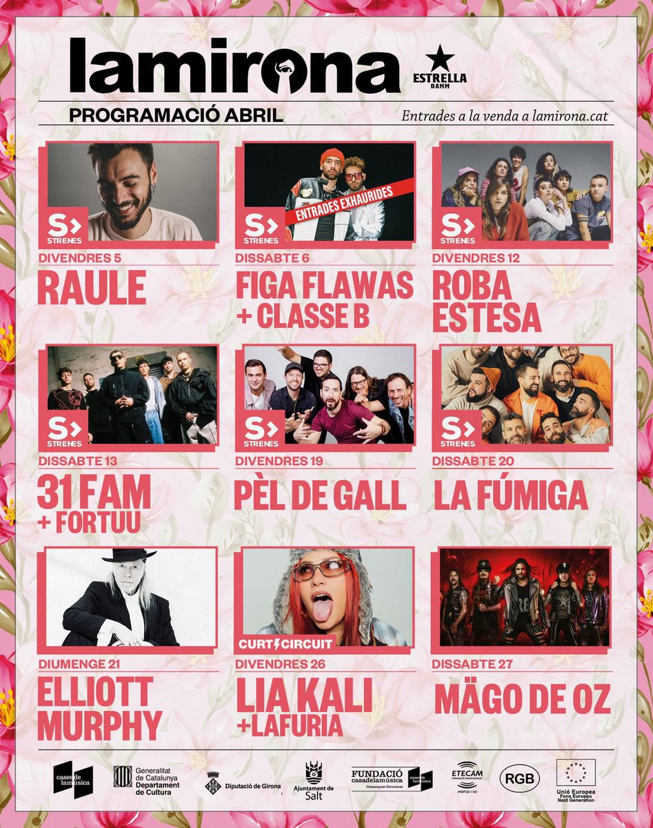 quimmarce's tweet photo. Gassssss a la programació de l’abril de @salalamirona
amb, @raule_oficial @figaflawas #Classeb #RobaEstesa @31FAM_ #Fortuu @Peldegall @LaFumigaBand @ElliotMurphy91 @LiaKali_ @LaFuriaRap @MAGODEOZOFIC
@FestivalStrenes
@curtcircuit
Tota la info a https://t.co/pYEWdLdNSh https://t.co/eIFy9N0C7T