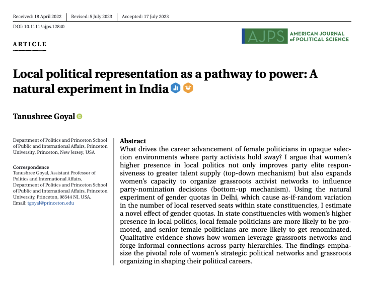 .@goyal_tanushree in @AJPS_Editor: 'In state constituencies with women’s higher presence in local politics, local female politicians are more likely to be promoted, and senior female politicians are more likely to get renominated.' onlinelibrary.wiley.com/doi/epdf/10.11…