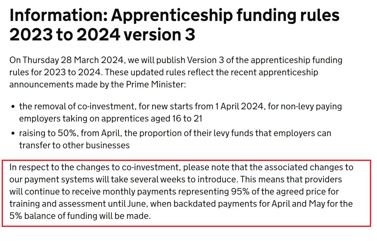 Providers should note that there will be a lag in receiving the replacement 5% co-investment payment replacement from the government for new non-levy 16-21 starts - payments for April and May will be made in June @AELPUK - as per @ESFAgov Update today