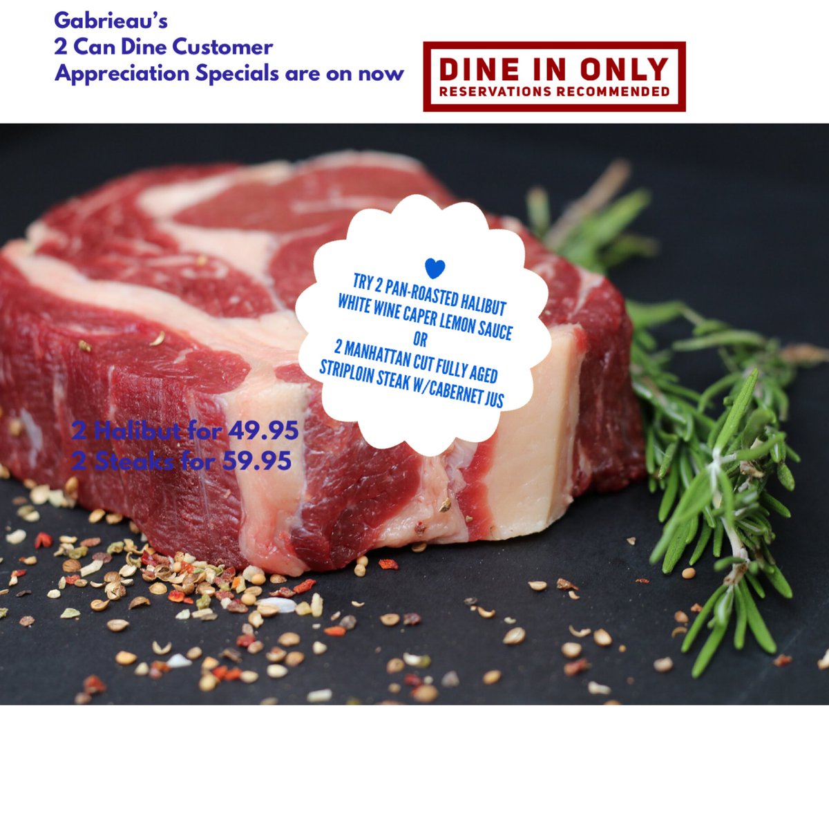 Gabrieaus's tweet photo. Final week for our 2 Can Dine Customer Appreciation Specials. 🍽️ #dinnertime #dinneridea #dinnerdate #dineout #eatout #foodie #foodlovers #goodeats #goodfood #hungry #special #lastcall #steak #halibut #antigonish #antigonishfood #eatlocal #localfood https://t.co/R0PjbCXWyD