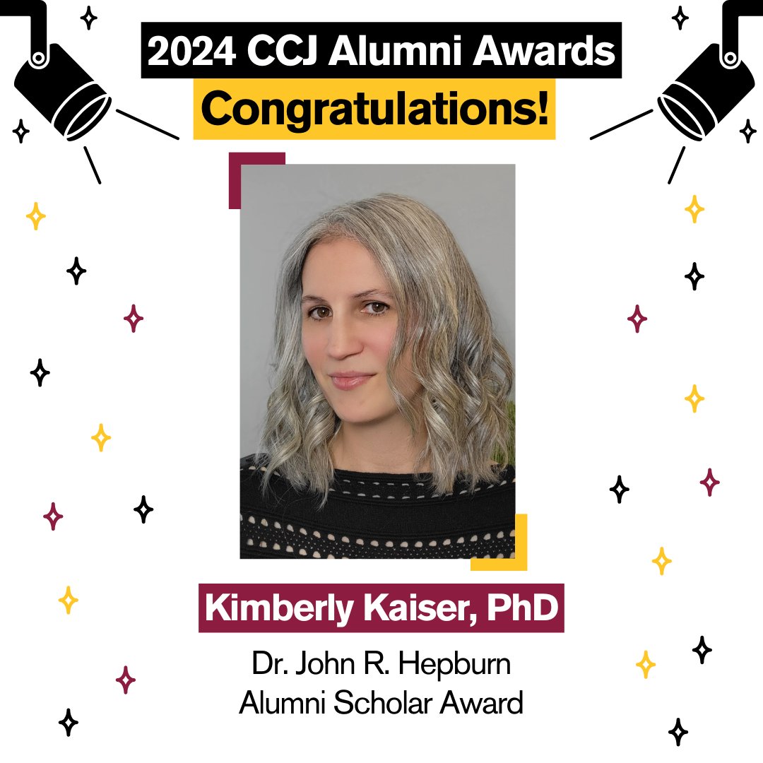 Congratulations to Kimberly Kaiser, PhD ('16), on receiving CCJ's John R. Hepburn Alumni Scholar Award! This award recognizes outstanding scholarly contributions to the discipline of criminology and criminal justice. #Criminology #CriminalJustice