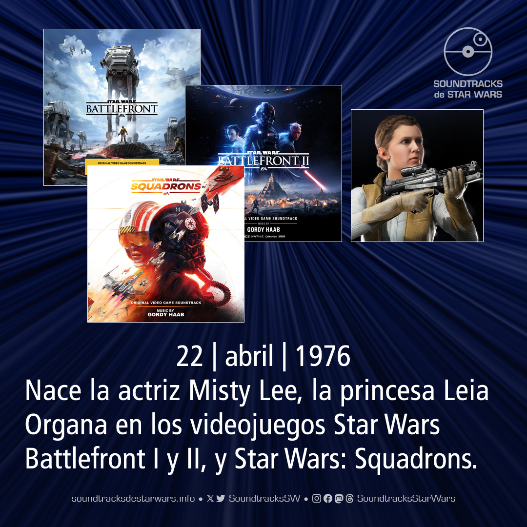 El 22 de abril de 1976 nace la actriz #MistyLee, la princesa Leia Organa en los videojuegos #StarWars Battlefront I y II, y Squadrons. On April 22, 1976, actress Misty Lee, #PrincessLeiaOrgana in the video games Star Wars Battlefront I and II, and Star Wars: Squadrons, was born.