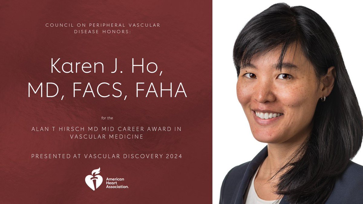 I am honored to announce Dr. Ho as the Hirsch Mid-Career Award winner, which supports a mid-career member w excellent research in the PVD field. Not only is her science compelling, we appreciate her dedication to AHA & look forward to honoring her at #VascularDiscovery24