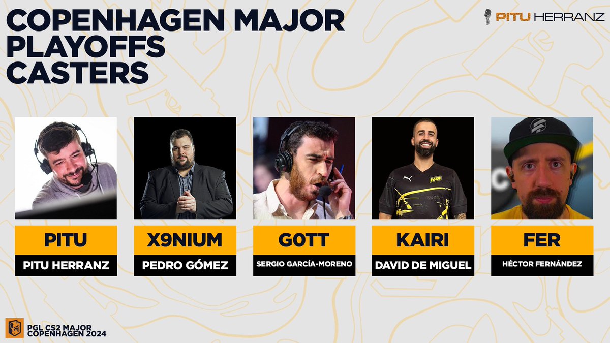 _Pitu_'s tweet photo. 📅Mañana es un día importante. 

El #PGLMajor, el primer Major de CS2, llega a los playoffs. 
Y un año más, estaré acompañado de los mejores en algunos partidos:
🎙️@x9nium 
🎙️@SergioGMoreno 
🎙️@Kairi_pirriki 
🎙️@The_real_feR 
🎙️@_Pitu_ 

⏰¡YA NO QUEDA NADA! https://t.co/IqD77EUbgP