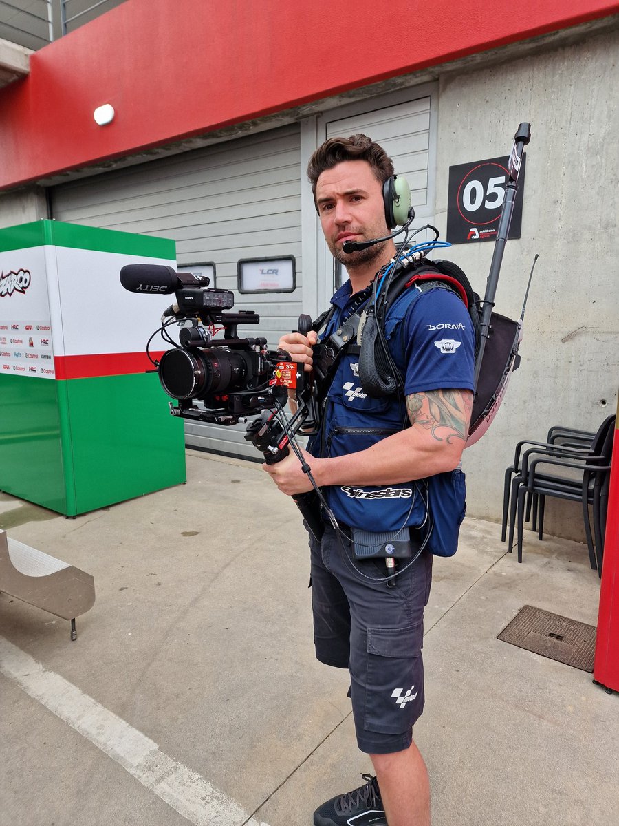 I took this photo of Esteban. He is an awesome guy and a camera man at MotoGP. Doesn't he look like Robo-Cop ? Each race I enjoy catching up with the MotopGP camera operators and Team mechanics. Solid as rocks. Where would @motogp be without them?