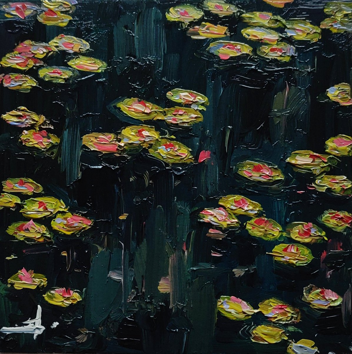 Waterlilies 8 X 8 Inches Oil on Canvas Board Available at auction #artcollectors #oilpainting #impressionism #interiordesign #homedecor #ArtLovers #impasto #artist #originalart #paintings #artforsale #monet #waterlilies