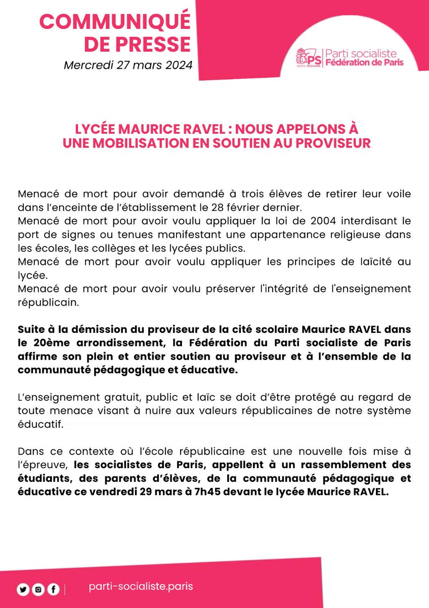 Suite à la démission du proviseur de Maurice Ravel à #Paris20, les #SocialistesDeParis lui affirment leur plein et entier soutien et appellent à un rassemblement devant l’établissement avec les élèves, les parents et la communauté éducative, ce vendredi 29 mars à 7h45.