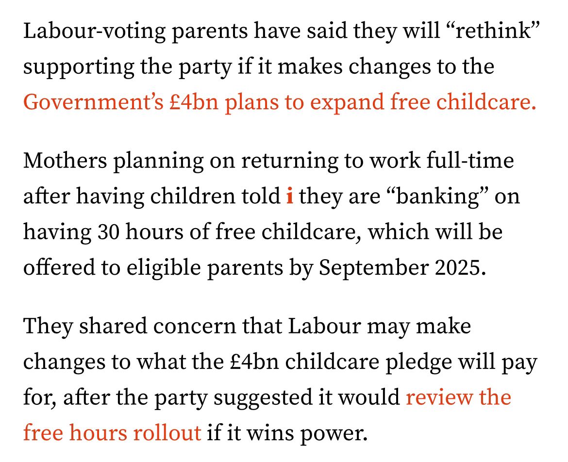 This would be the impact of Labour scrapping our childcare expansion 👇 Hard-working families in limbo. Family plans out the window. Uncertainty for people wanting to get back into work. Only the @Conservatives have a plan for working parents. inews.co.uk/news/parents-v…
