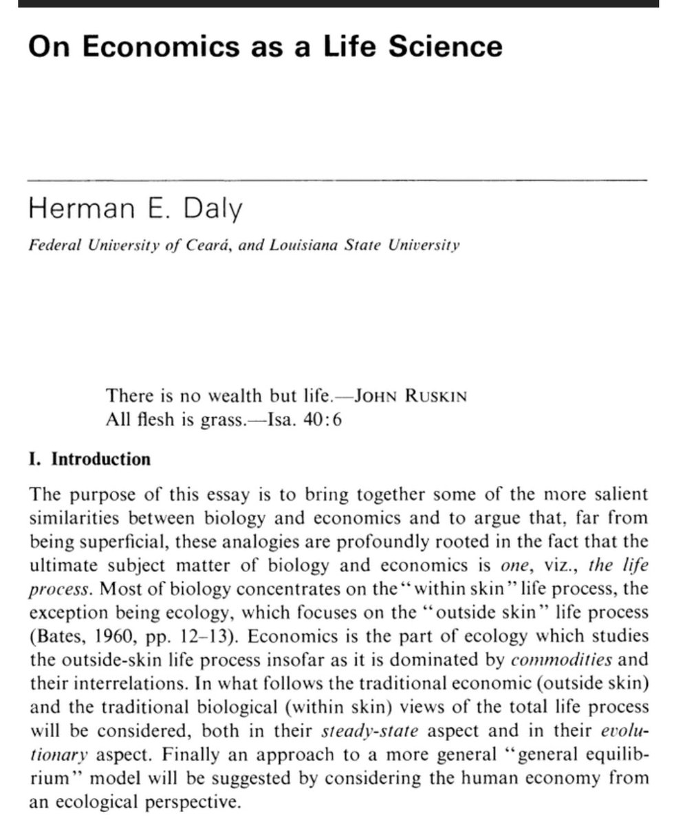 A useful thread of great Econ papers. But the most essential econ-expanding framework for me is to see the economy as part of - and fully dependent upon - our delicately balanced living planet. Bonus paper 11) On economics as a life science - Herman Daly journals.uchicago.edu/doi/abs/10.108…