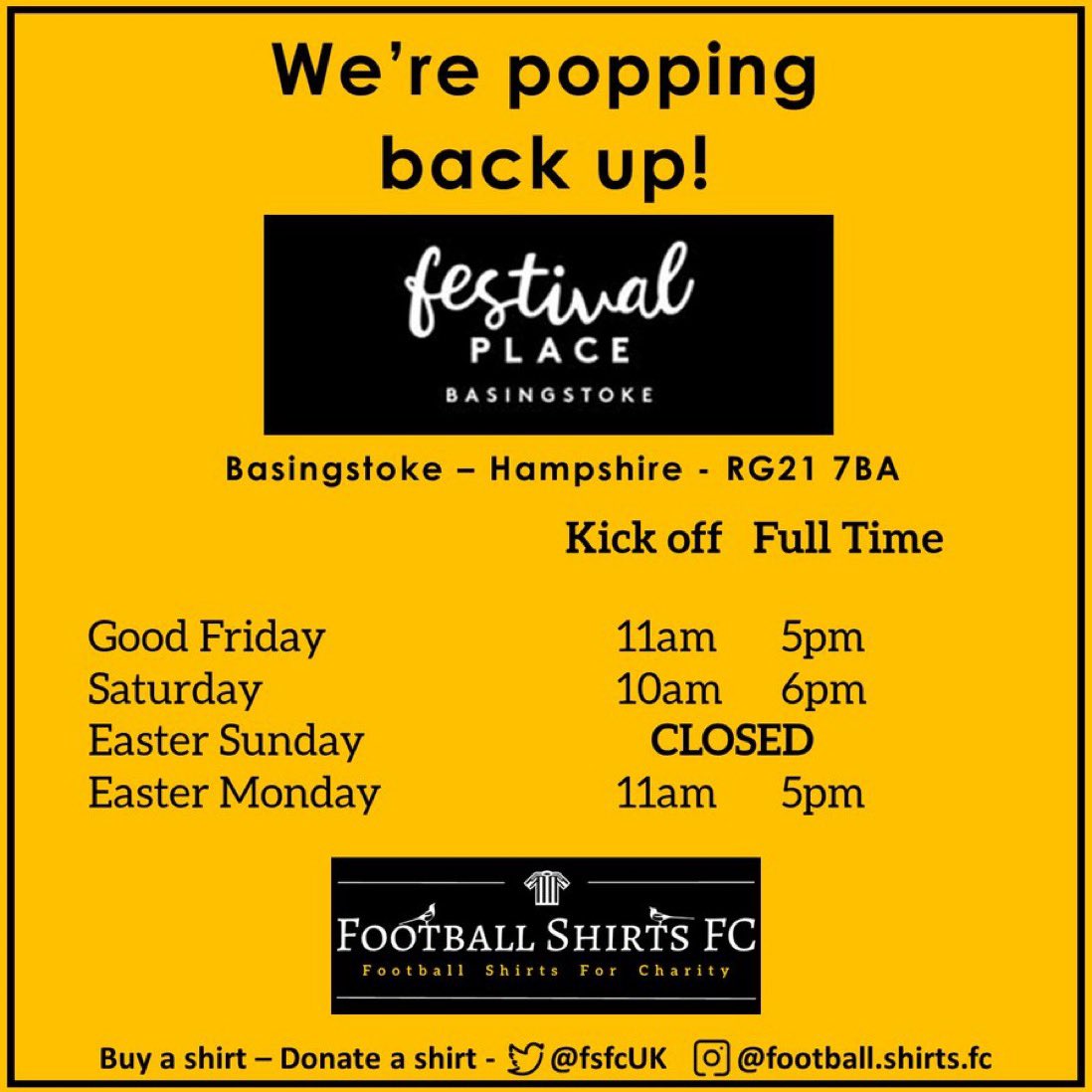 fsfcUK's tweet photo. We’re back just for Easter! 
‘Popping up’ on the top floor @FestivalPlace shopping centre in Basingstoke for three days only!

We’ll see you in just two days time! ⚽️👕💛🐣🥚🐣

#EveryShirtHasAStory #football #footballshirt #collector #retro #vintage #FSFC

#eastereggalternative https://t.co/nThMrhPx5I