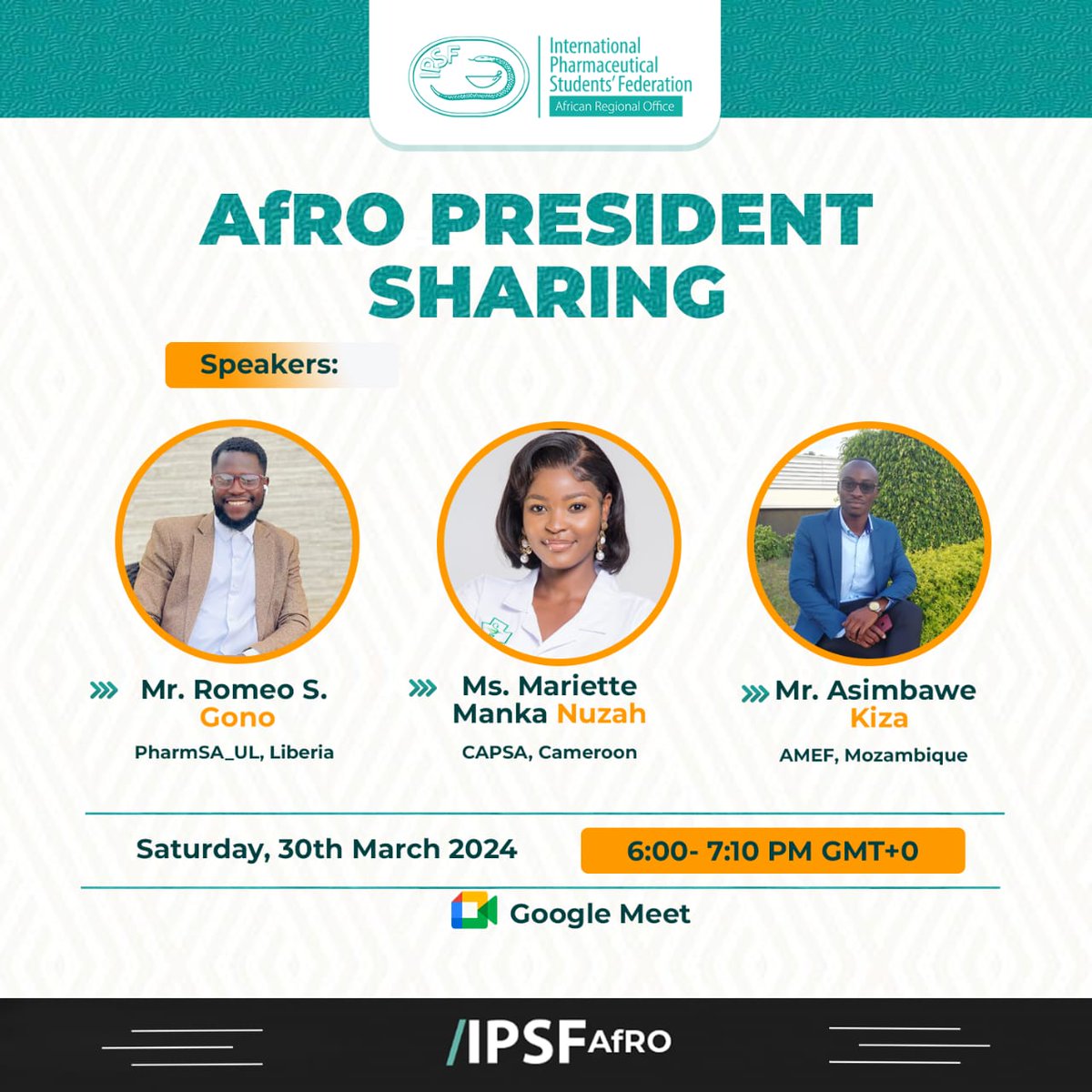 IPSFAfRO's tweet photo. 🎉🎉🎉🎉🎉🎉🎉🎉President Sharing

March session

The session where we engage and learn from each other.

Save the date‼️😃
Date: March 30 ,2024
Time: 6:00- 7:10 GMT+0
Via Google Meet
link: https://t.co/uR1hZoG38N https://t.co/kGTOhtvQou