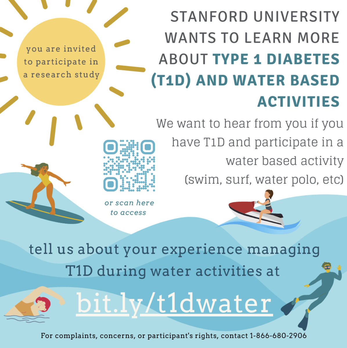 LaurenVTurner's tweet image. If you or someone you know has  #T1D, Stanford researchers @5Dess &amp;amp; @mikehughes0 created a survey to SHARE YOUR EXPERIENCE with managing #type1diabetes when participating in water-based activities! 

Fill out the survey here: bit.ly/t1dwater

#CGM #closedloop #pump #MDI