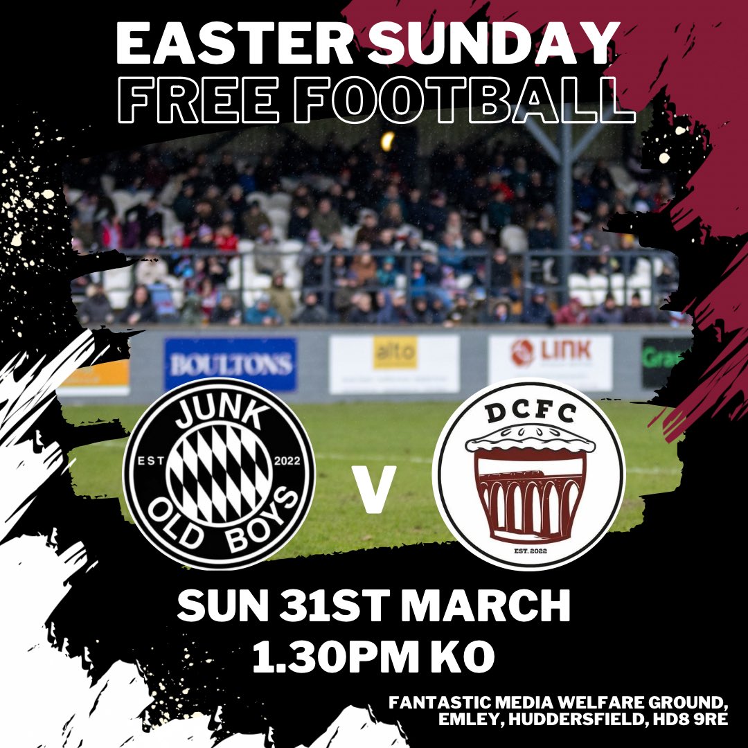Easter Sunday | Free Football 🐰⚽️

Gates open at 12 noon 🍺🍔

<a href="/junkoldboys/">Junk Old Boys FC</a> v <a href="/DaleClubFC/">Dale Club FC</a> 
Sunday 31st March
1.30pm KO 
📍Fantastic Media Welfare Ground, Emley, Huddersfield, HD8 9RE
🎟️ Free Entry
💳💷 Card &amp; Cash
🍺🥤Sports Bar
🍺☕️ Pewit Bar
🍔🍟 Dugout Diner 

#Emley #HD8