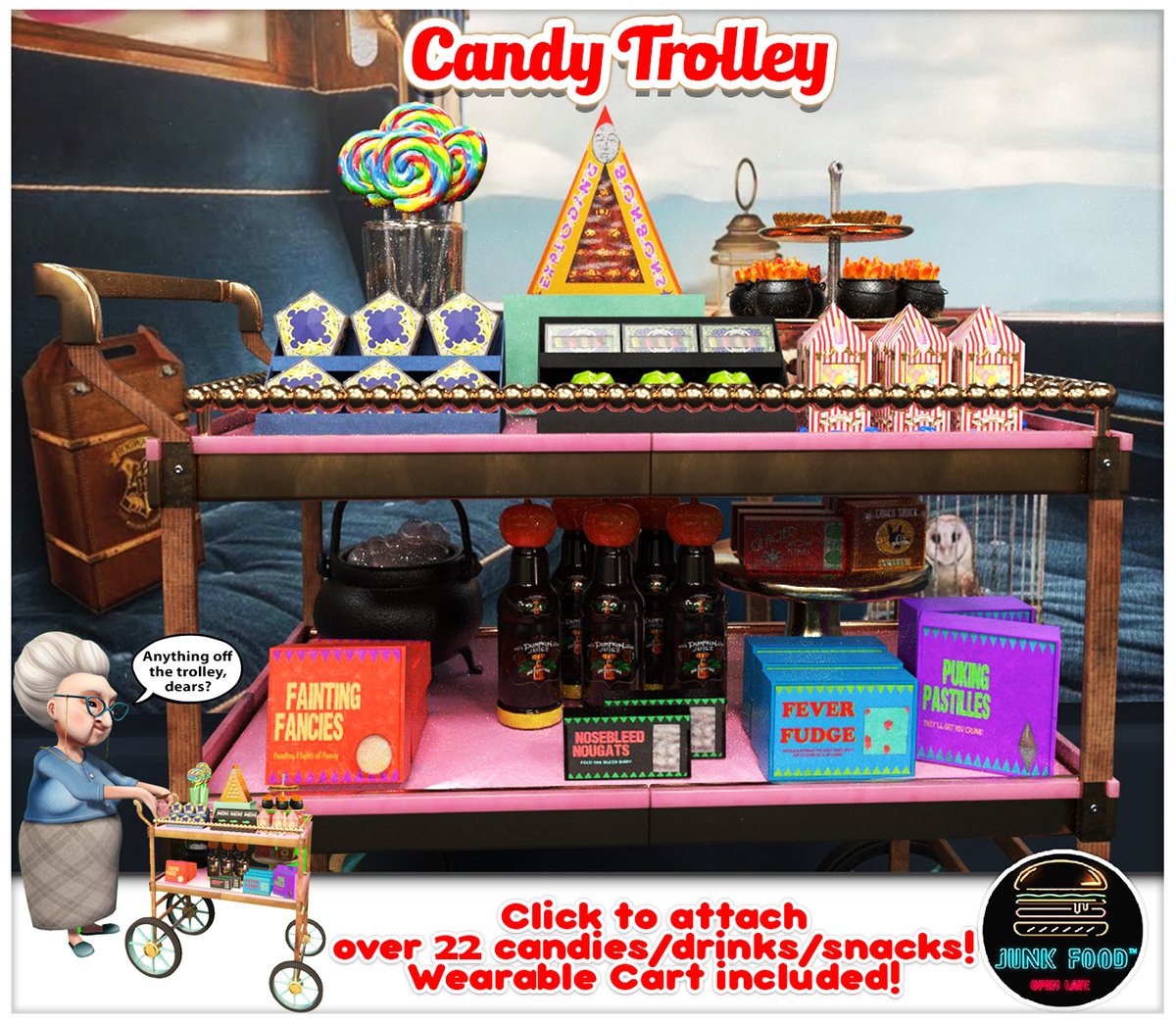 junkfoodsl's tweet photo. New for the Wizarding Faire in Spring. Candy Trolley, click for 22 different candies &amp; drinks! Includes a wearable trolley (also clickable) Decor version and interactive when clicked! Demo @ Event!https://t.co/S2bk4wEw1i

#SecondLife #Metaverse #3DModel #virtualfood #junkfood https://t.co/v0vpyaxnmE
