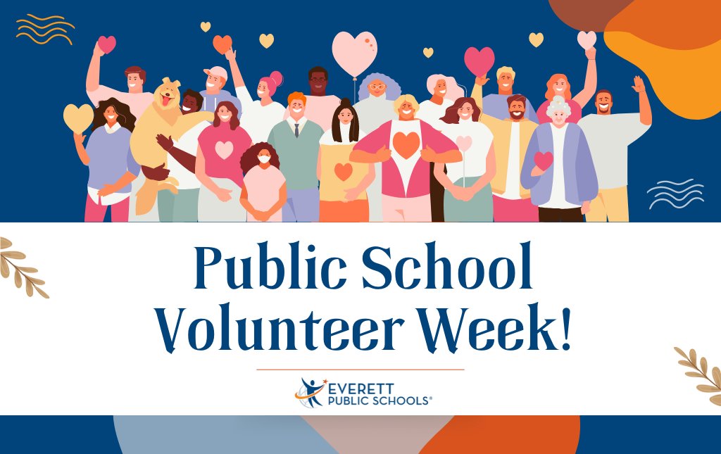 EverettSchools's tweet photo. Public School Volunteer Week is about recognizing the incredible contributions of volunteers in our public schools. Whether you've helped in classrooms, organized events, or supported students in any way, your dedication makes a huge difference. Thank you! https://t.co/fJOF34Or0F https://t.co/2lE5hmu2S5