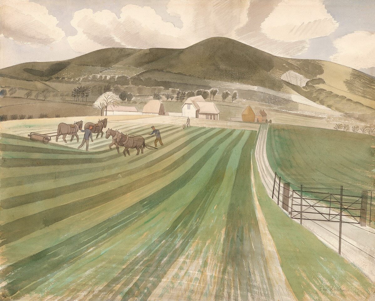 Mount Caburn, Eric Ravilious, 1935. It depicts an area of the South Downs (now @sdnpa) in East #Sussex near to Glynde. The original artwork is in the collection of @TownerGallery.