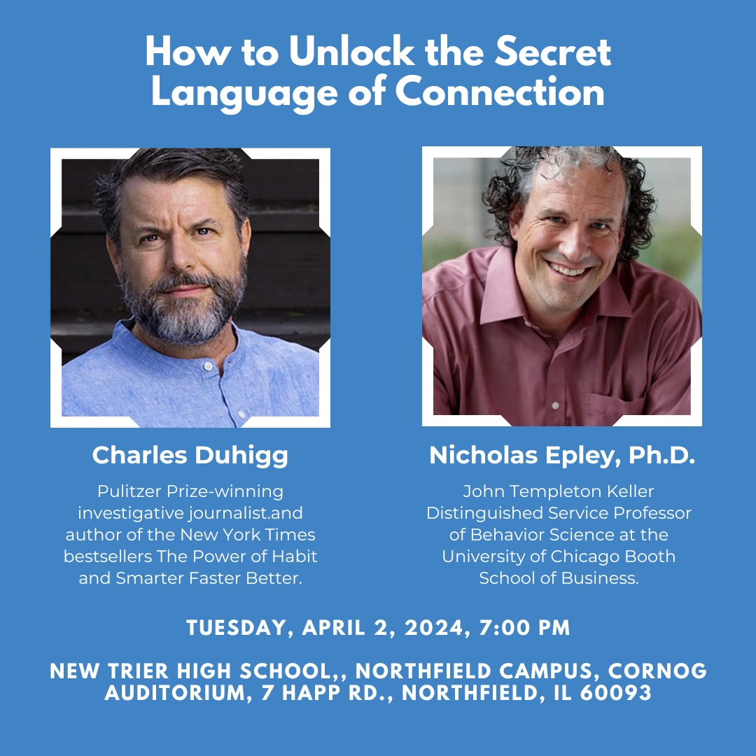 Dive into the art of connection at New Trier High School's Cornog Auditorium on April 2nd at 7 PM! Join us for a captivating evening with Charles Duhigg and discover the secret behind impactful conversations. 🗣️💡 #D127 #D127GetsReal