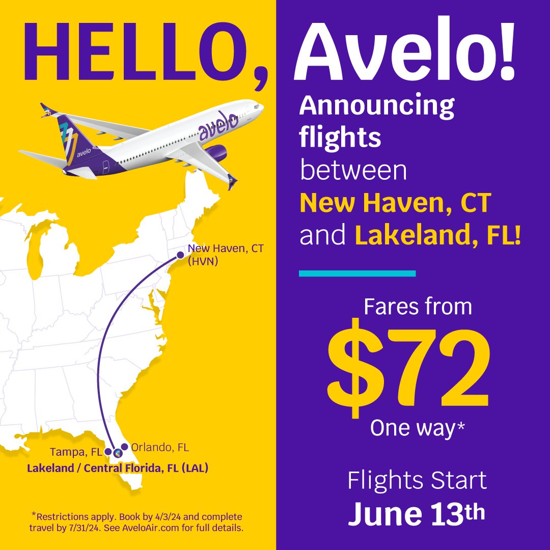 HELLO Central Florida! Avelo is excited to announce flights between New Haven and Lakeland, Florida! Flights start June 13th with fares starting at just $72! Book now at AveloAir.com