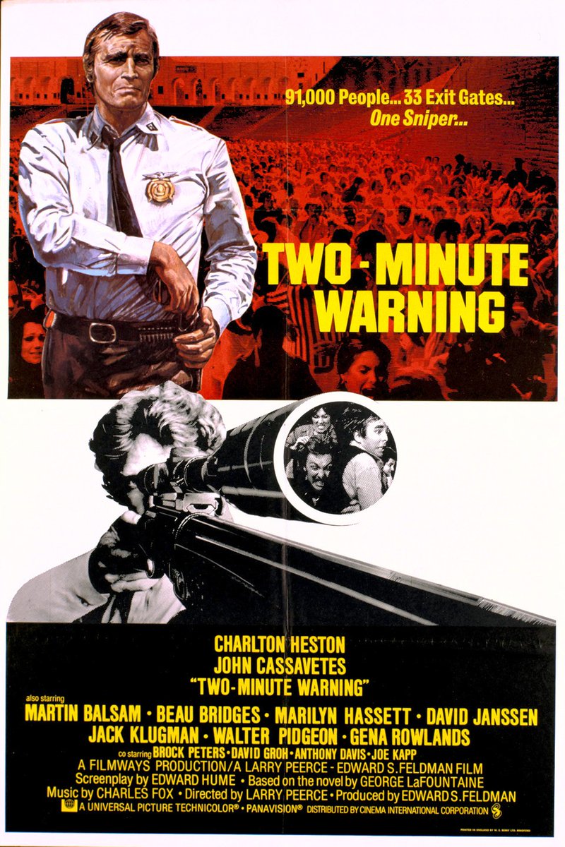 alucard8791's tweet photo. #twominutewarning  1976 🇺🇲
Dir:#larrypeerce 
Prot:#charltonheston #johncassavetes #martinbalsam #beaubridges #genarowlands 
Un temible sniper se apostara arriba de una torre, en medio del  partido más importante de futbol americano, con todo el publico a su merced #review https://t.co/3doRPejeQh