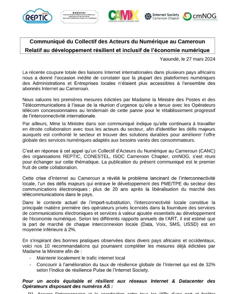 DoualaIx's tweet photo. Communiqué du Collectif des Acteurs du Numérique au Cameroun Relatif au développement résilient et inclusif de l'économie numérique. https://t.co/e36JMJ8XHK