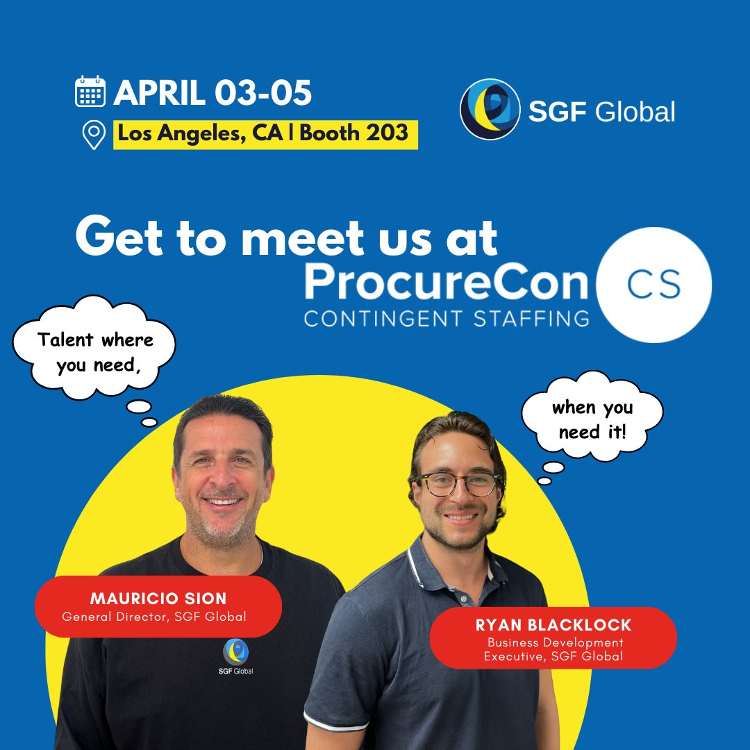 SGFGlobal's tweet image. 📣 Attention #LosAngeles! SGF Global is bringing the power of expert staffing solutions to ProcureCon Contingent Staffing. 

🗓️ Mark your calendars: April 03-05, Los Angeles, CA. 
📍 Visit us at Booth 203 

🔗 hubs.la/Q02qZ9DL0 

#ProcureConCS #SGFGlobal #ProcureCon