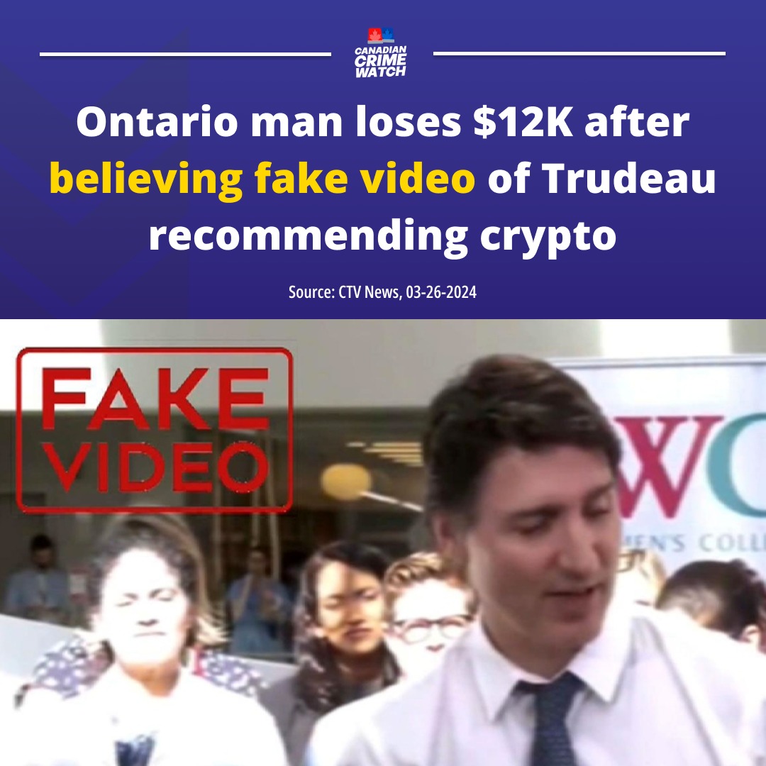 A Toronto man is out $12,000 after falling victim to a deepfake  cryptocurrency scam. The man saw a fake YouTube video where it appeared  Prime Minister Justin Trudeau was recommending a cryptocurrency