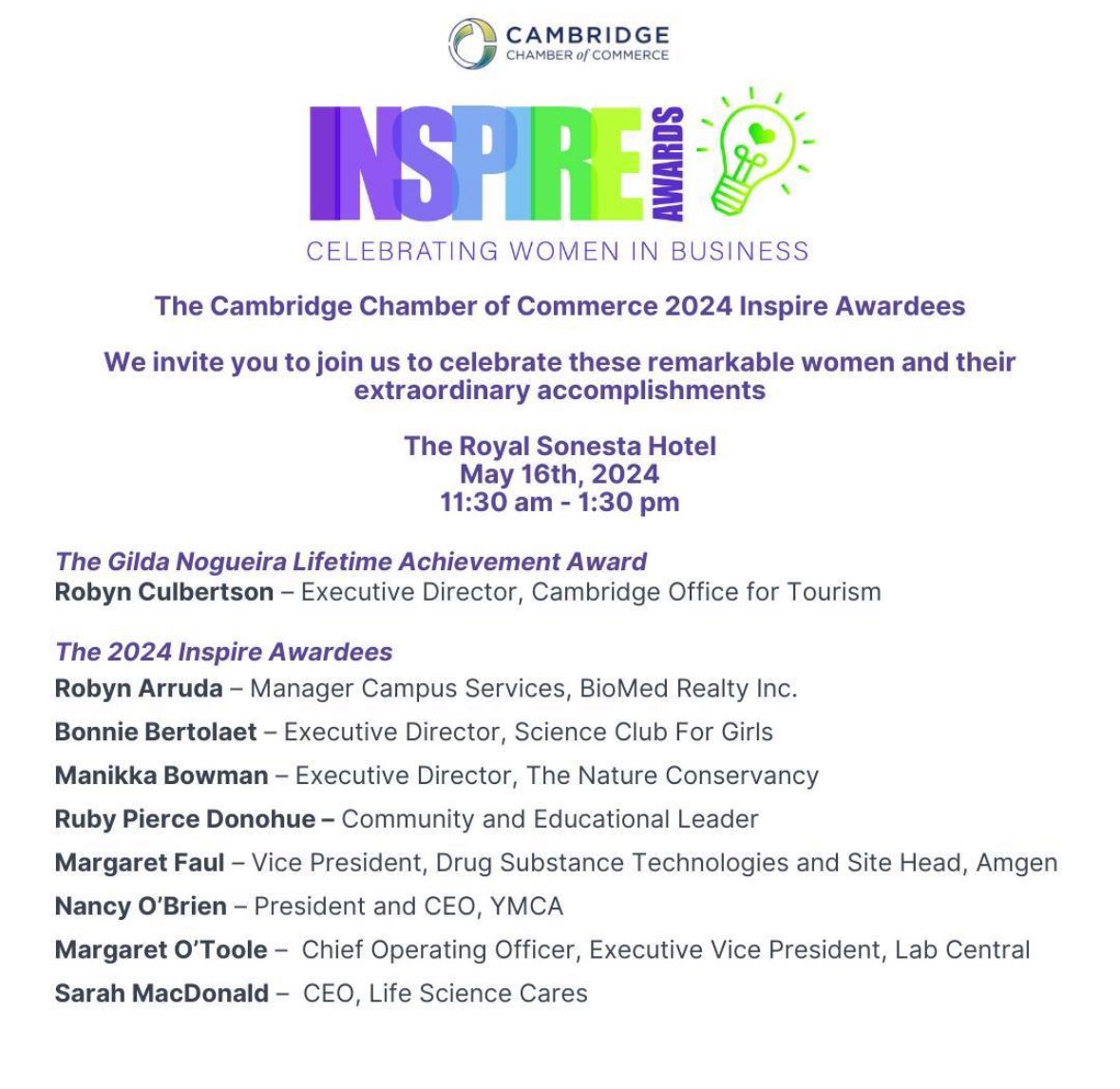 We are pleased to announce our 2024 Inspire Awardees! Join us in celebrating these wonderful women on May 16th. Link to register: business.cambridgechamber.org/events/details… #inspire #women #leaders #business #cambridge
