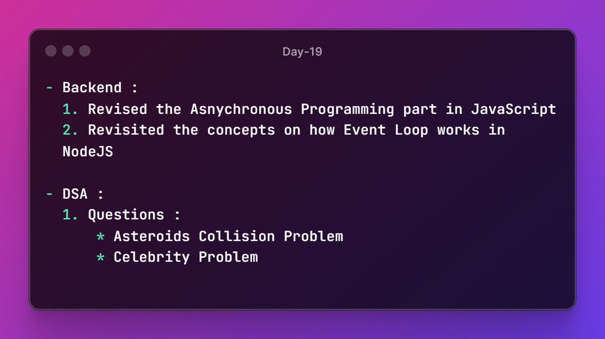 ss_21_'s tweet photo. Day-19 of #50DaysofConsistency

Didn't do much as mid-sem exams ended today. Counting days till college gets over!

Revised important JS concepts as now they'll be required for project building.

Did some med diff problems on Stack. Scheduled to revise all prev topics tomorrow! https://t.co/xIIU5krMPU