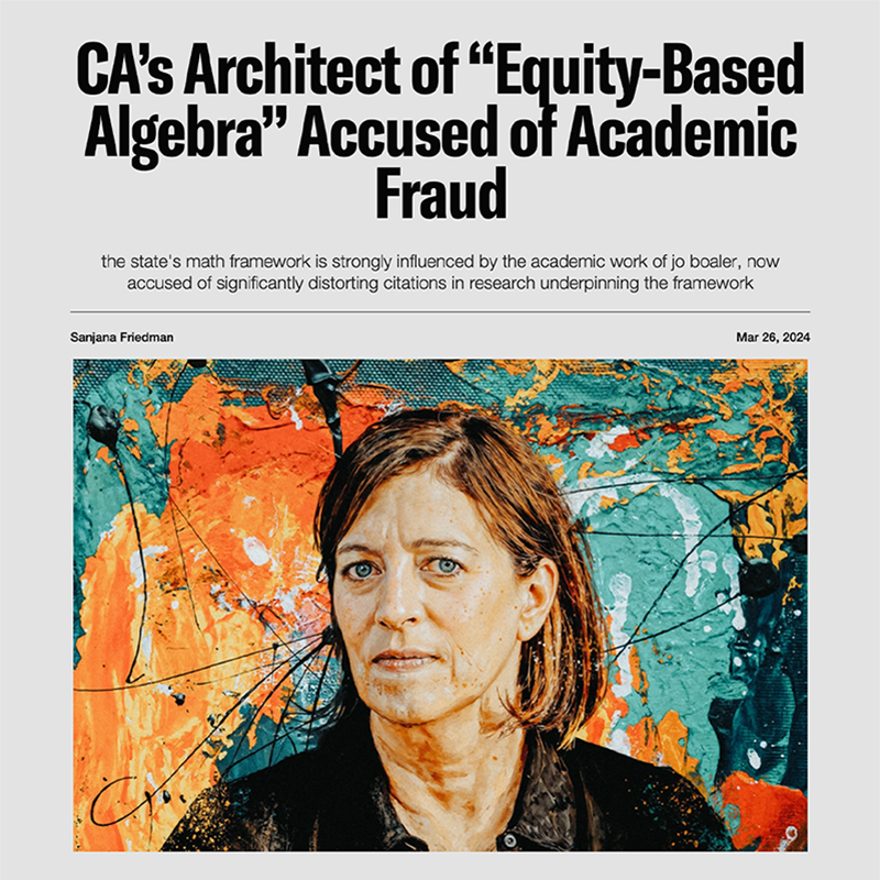 PirateWires's tweet photo. For decades, Jo Boaler appears to have systematically misrepresented research to fit her policy agenda which denies most gifted middle-schoolers algebra, all while sending her own kids to a $48,000/yr private school with a rigorous math curriculum.
Sign up for free to read 👇
