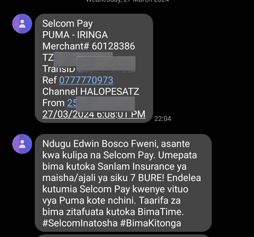 EdwinFweni's tweet photo. Nimejaza mafuta #PUMA na nikatumia Selcom lipa namba ku transact.
Nimepata na bima ya maisha / ajali kwa siku saba bure! Imagineππ
Probably ni ushamba wangu, ila niko amazed!ππ
@sanlam
#SelcomInatosha #BimaKitonga https://t.co/jexdz56zOB