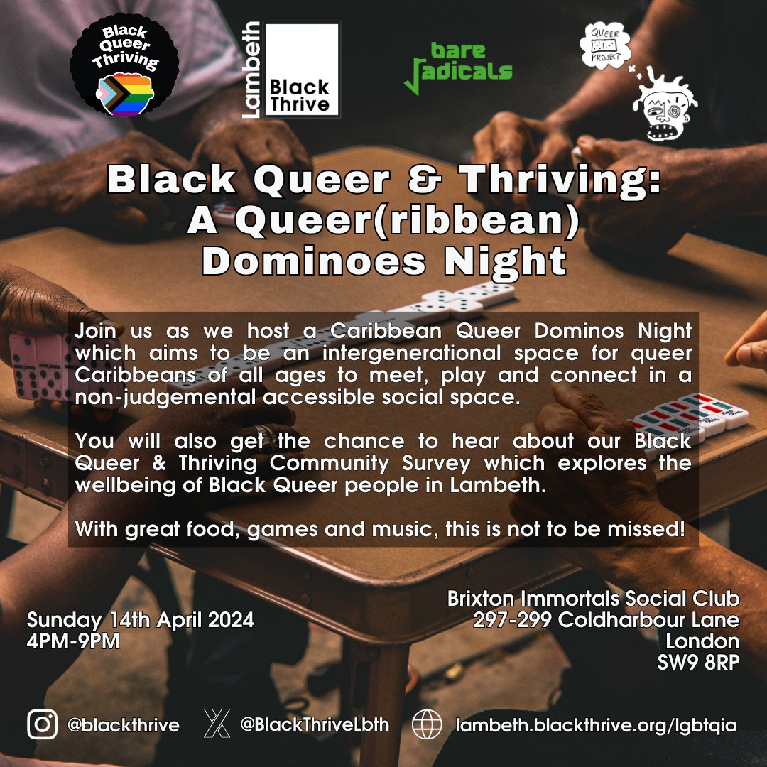 Join us for part two of our exhilarating Queer Dominos Night with Bare Radicals! Back by popular demand, it's a celebration of dominos & LGBTQ+ unity. Open to Black & Caribbean LGBTQ+ community🌈 Our last event was sold out - don't be caught out! Free 🎟️ bit.ly/4axugKr