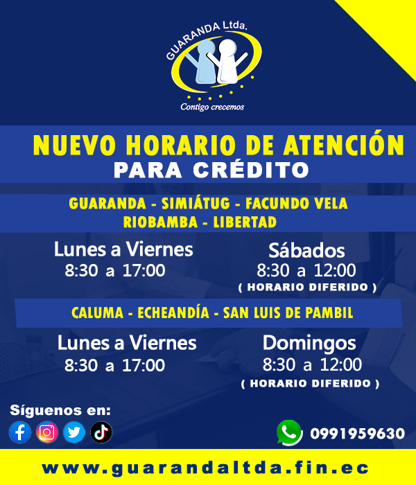 GuarandaLtda's tweet photo. Te recordamos nuestro nuevo horario ⏰ de atención en el área de #crédito . Nos adaptamos a tu tiempo para brindarte el mejor servicio posible y esperamos poder atenderte pronto.
#ContigoCrecemos #NuevoHorario #AtenciónAlCliente #Créditos #MejorServicio #OficinasAbiertas https://t.co/pbmCf2oKd7