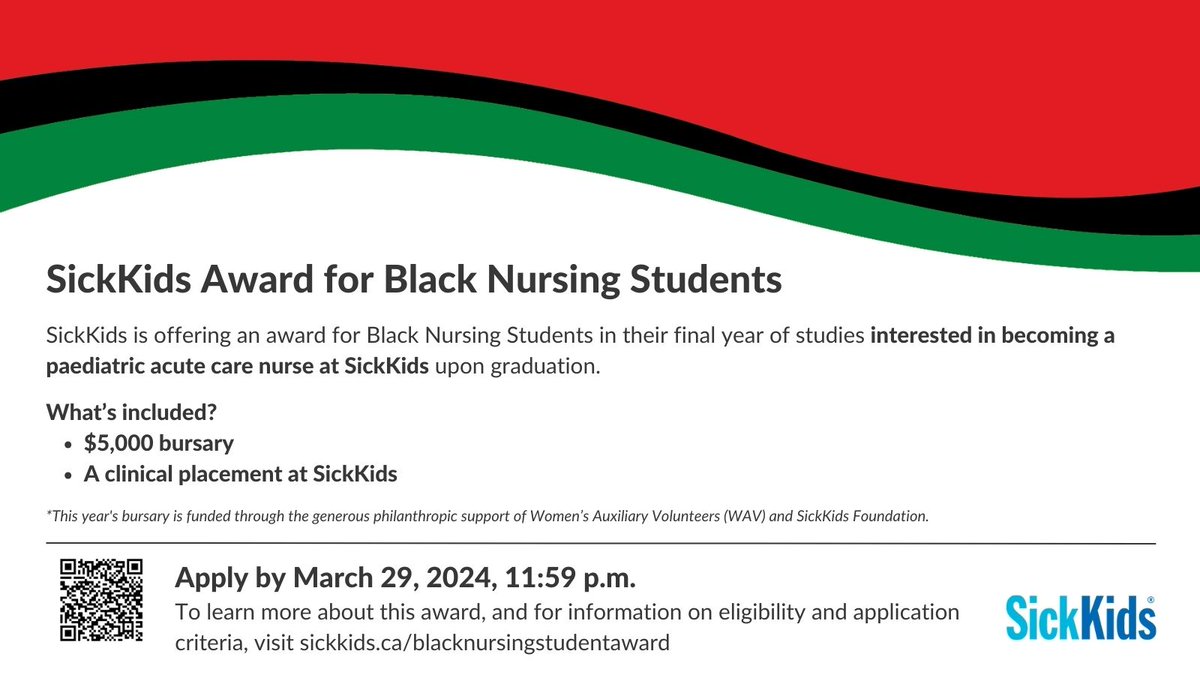 SickKidsNews's tweet photo. Last chance! Are you a final year #BlackNursingStudent interested in becoming a paediatric acute care #nurse upon graduation? SickKids is offering the Award for Black Nursing. Applications are due March 29!

Learn more: https://t.co/tKs3F6yEdS #SKNursing #SKLearning https://t.co/1JtlH8eIpK