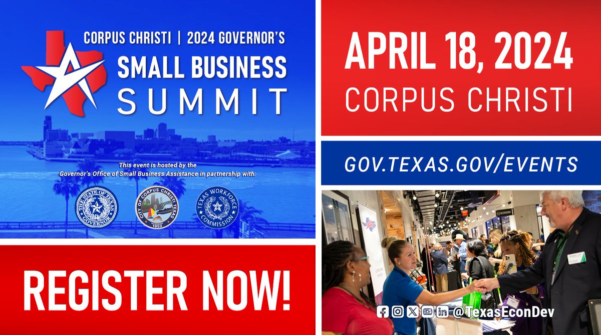 We’re one week away from the Governor’s #SmallBusinessSummit — Corpus Christi, so secure your spot today! This event is a one-stop-shop for resources and information for anyone that owns a #smallbusiness or is thinking of starting their own business: bit.ly/4aq8wA3